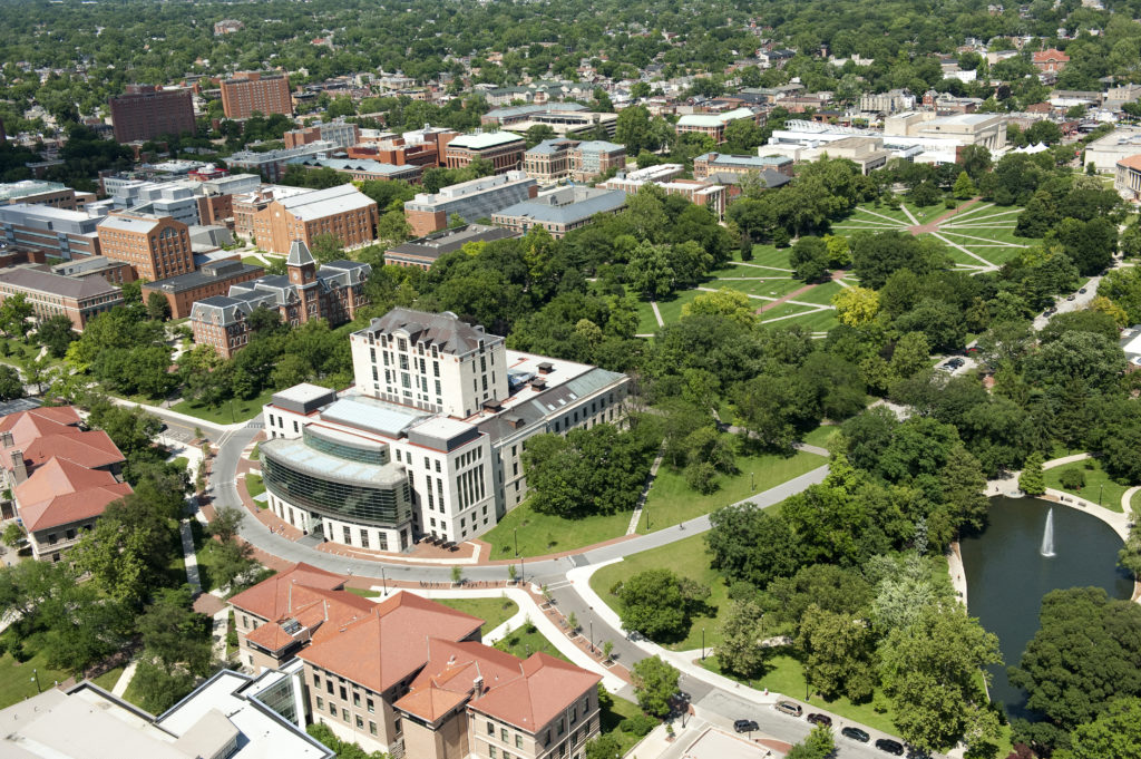 Job # 100458 Aerial Thompson Memorial Library, Oval and Mirror Lake JUN-10-2010 Photo by Jo McCulty The Ohio State University