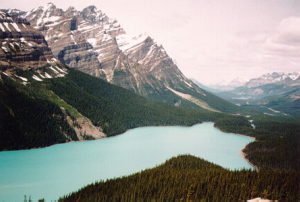 View of Peto Lake, looking north into the Mistaya River Valley