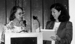 ABLE President Anna Wilson presents "thank you" plaque to ABLE '99 host Ann Lumsden at Wakulla Springs Lodge.