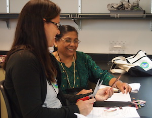 Photo of 2 participants at Brianna Wright's "Creating Celebrity Offspring: Understanding Allele Inheritance" mini workshop during the ABLE 2014 conference