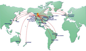 Map showing direct flights to Calgary