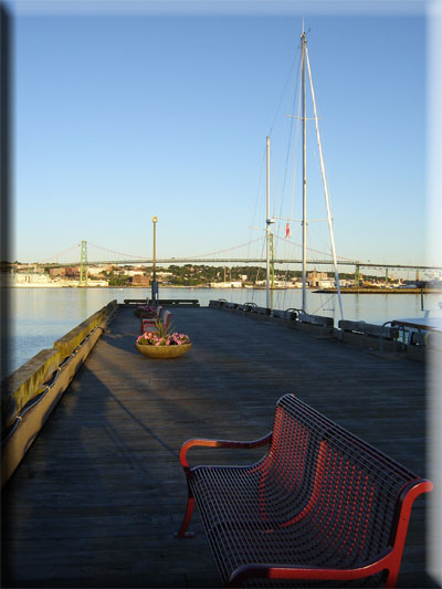 Dartmouth pier with a view of the MacDonald Bridge; photo by Jen Van Dommelen