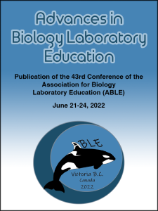 Advances in Biology Laboratory Education, volume 43 cover: a rectangle fading from blue to white with the text "Advances in Biology Laboratory Education: Publication of the 43rd Conference of the Association for Biology Laboratory Education (ABLE), June 21-24, 2022" and the ABLE 2022 logo with a killer whale on it